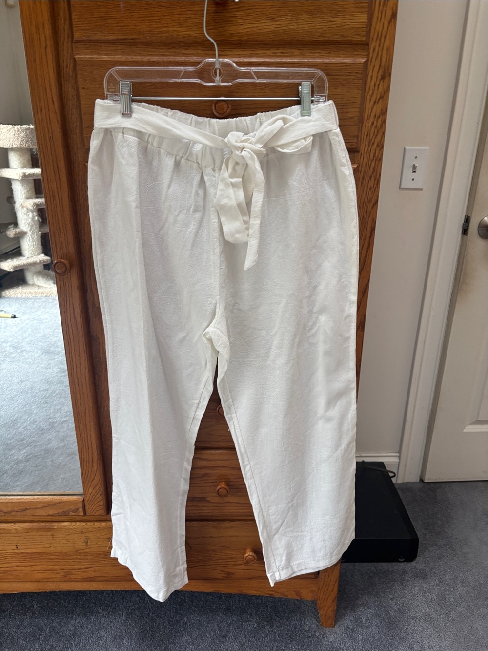 Source Unknown White Tie-Waist Linen-Blend Chinos